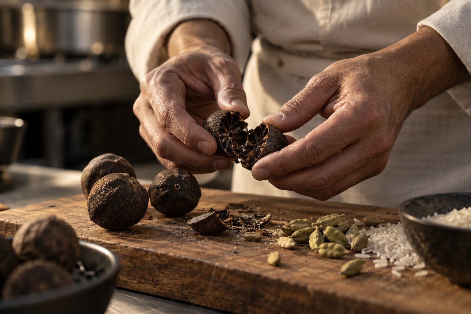 An ingredient in his hands · texture, judgement and real kitchen sound