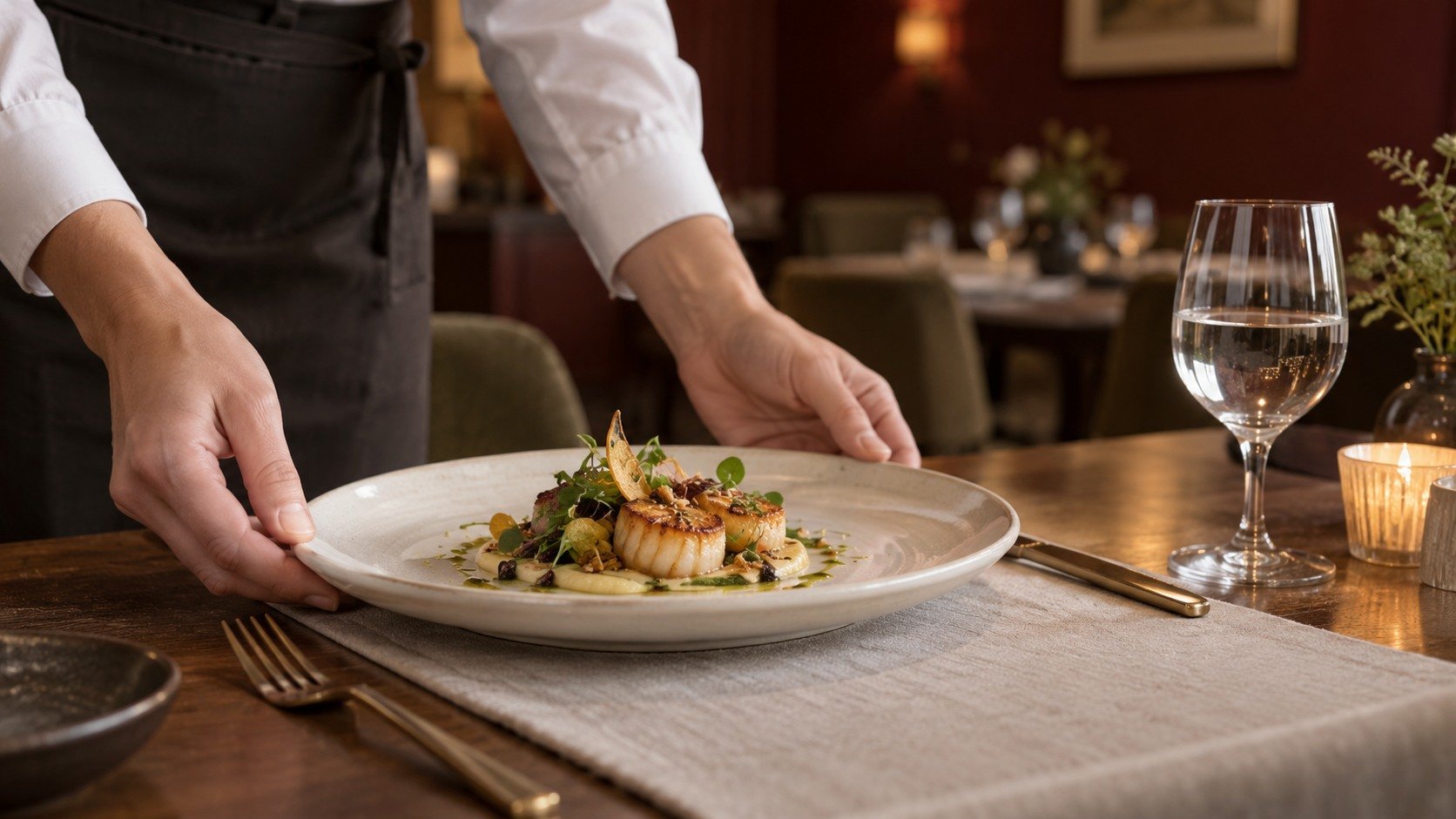 A discreet service moment · the plate arrives without a staged guest reaction